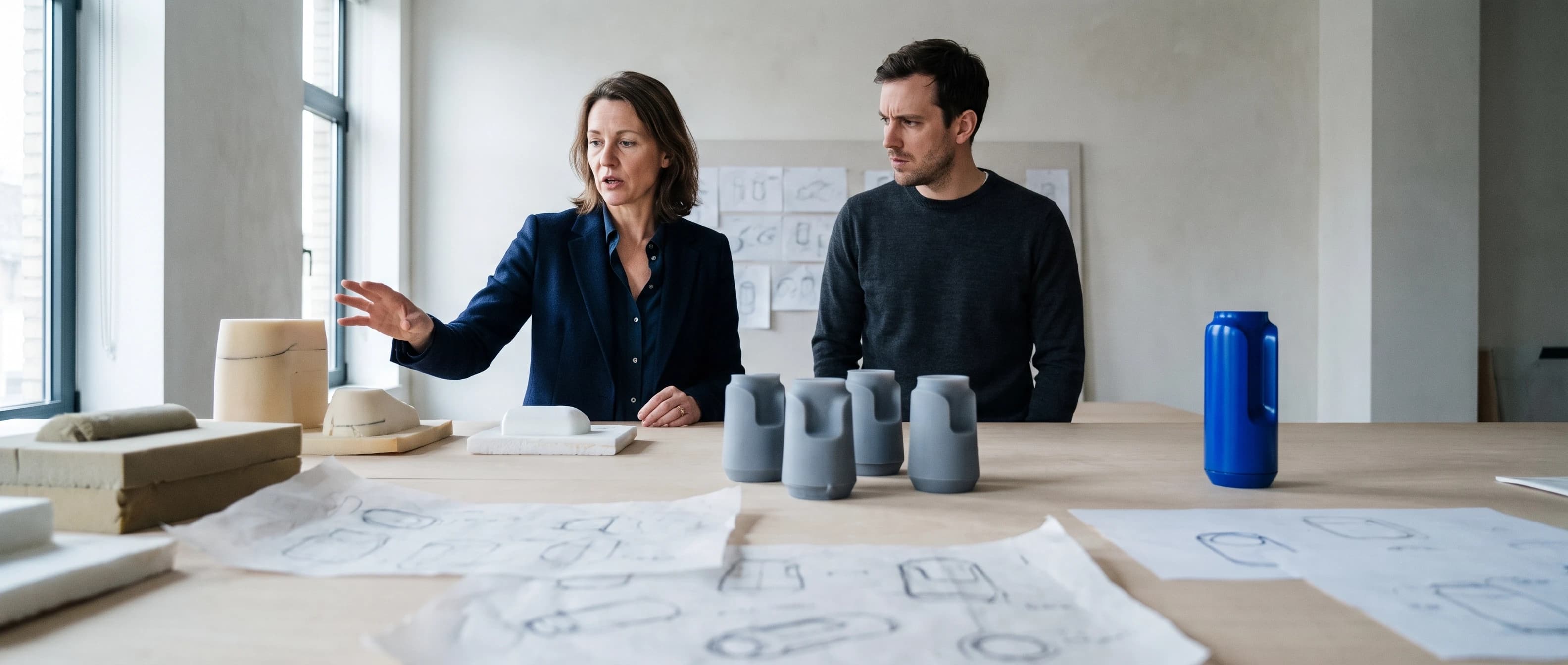 Two people at a studio table reviewing grey product models, a blue bottle and sketches