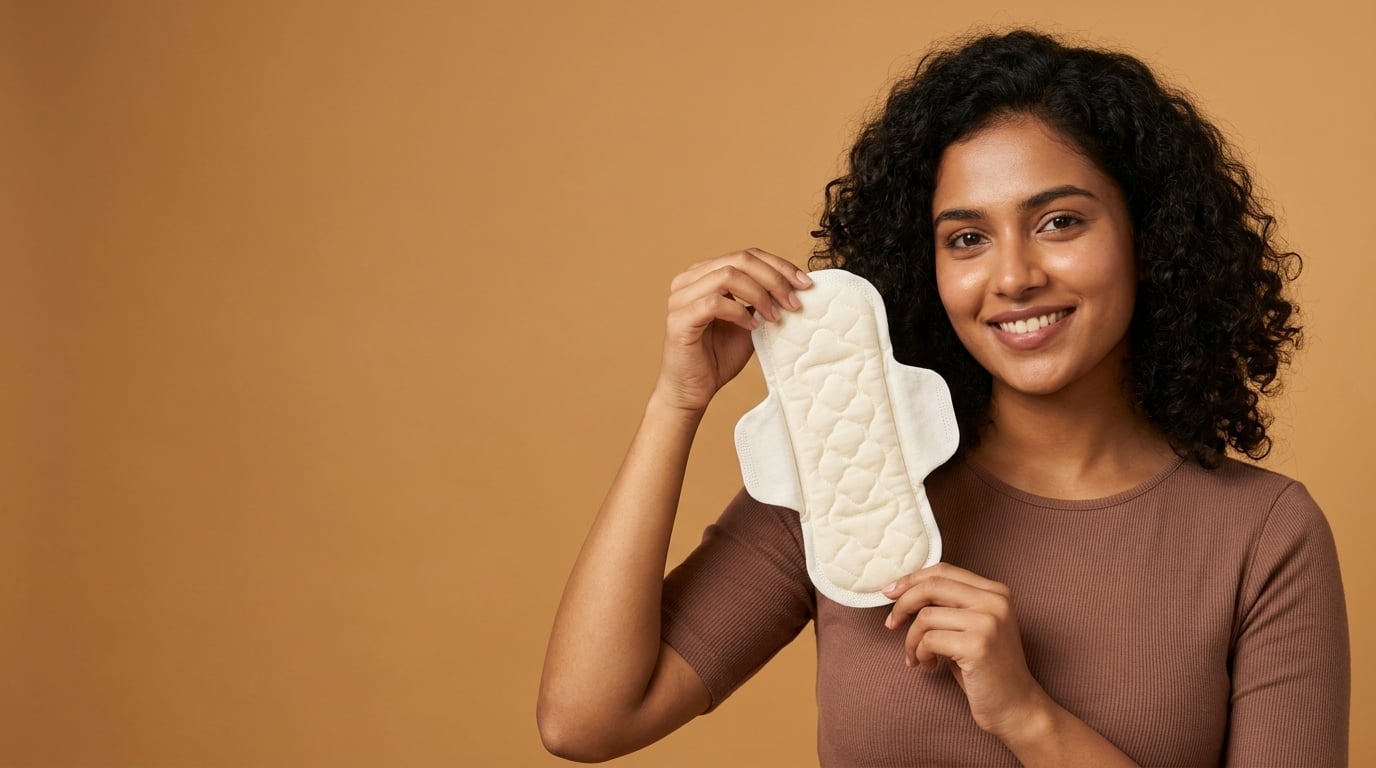 Render of a smiling woman against a warm tan ground, holding the Alvera pad up beside her face with its quilted topsheet towards the camera