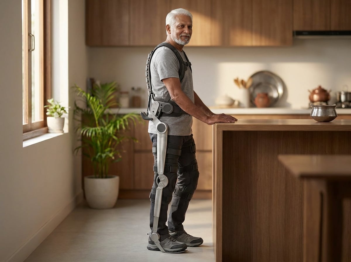 An older man stands upright at a wooden kitchen counter wearing Orvyn: a harness and hip belt, a metal strut down the outside of his leg, a disc knee joint and a footplate over his shoe