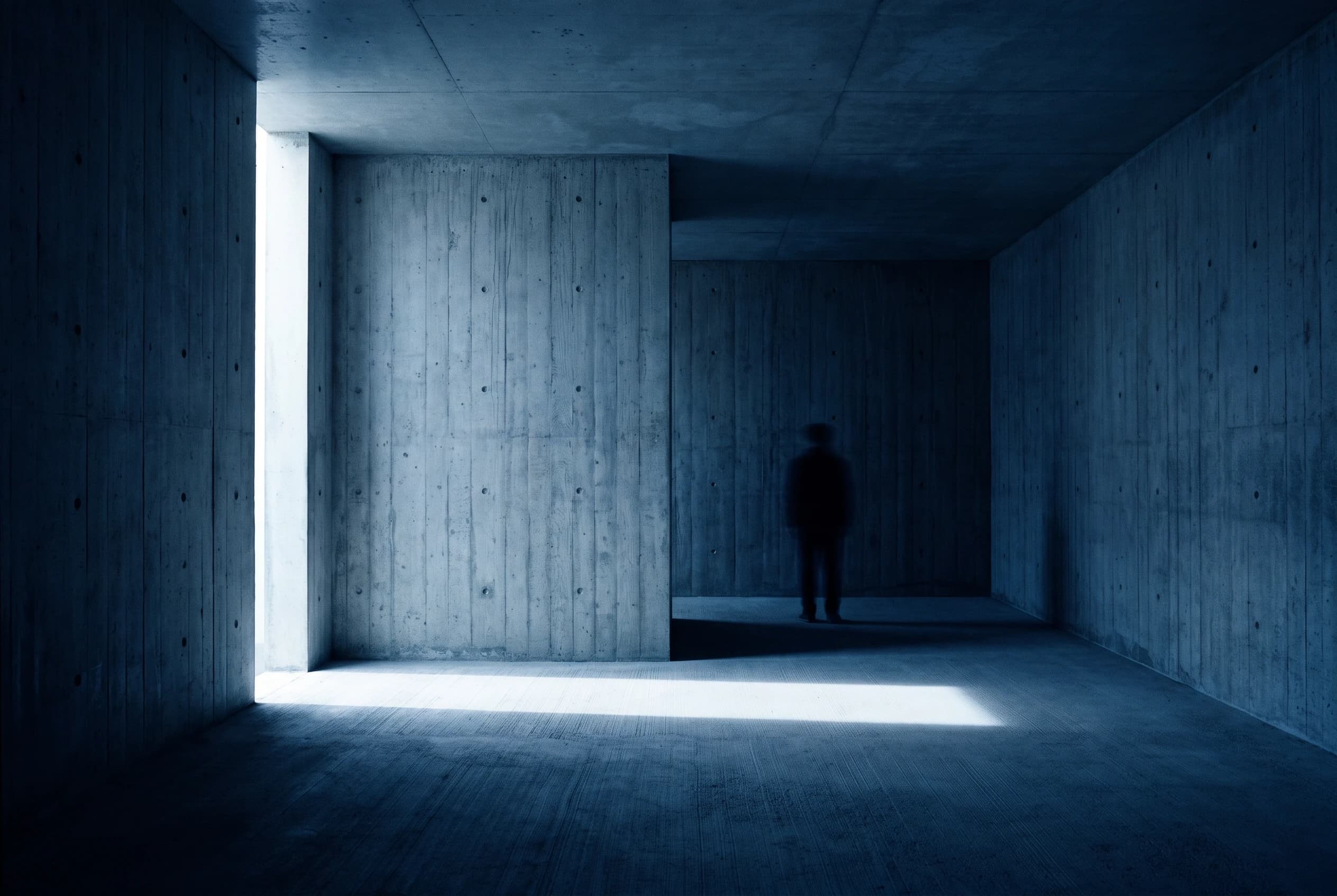 A figure in a board-marked concrete room lit by a slot of daylight