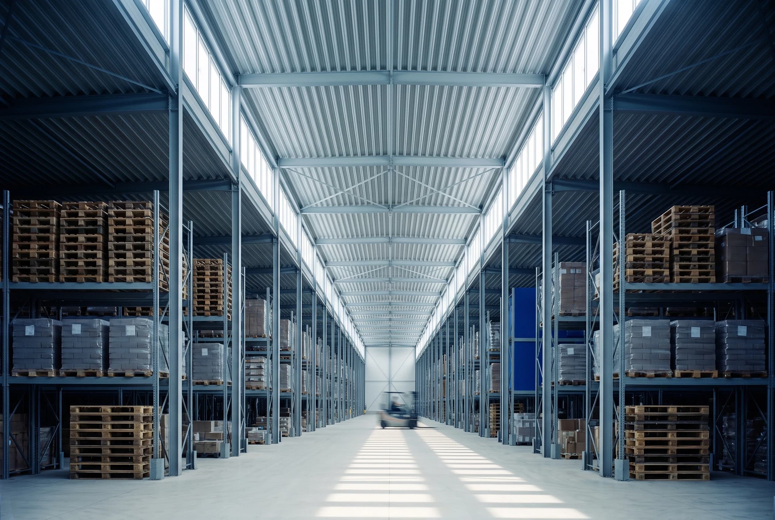 A long warehouse aisle of pallet racking under clerestory light