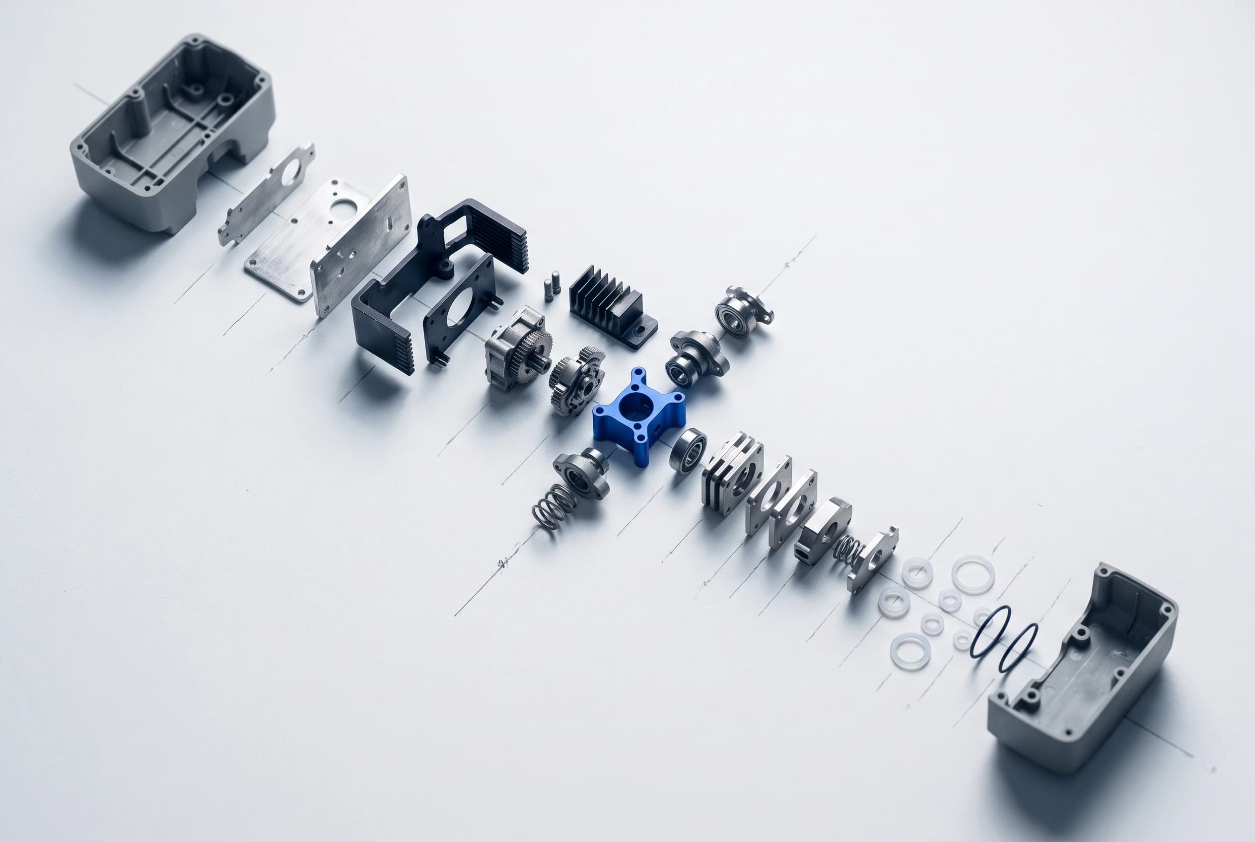 Exploded view of a device, housing, board, gears and seals laid out in a line