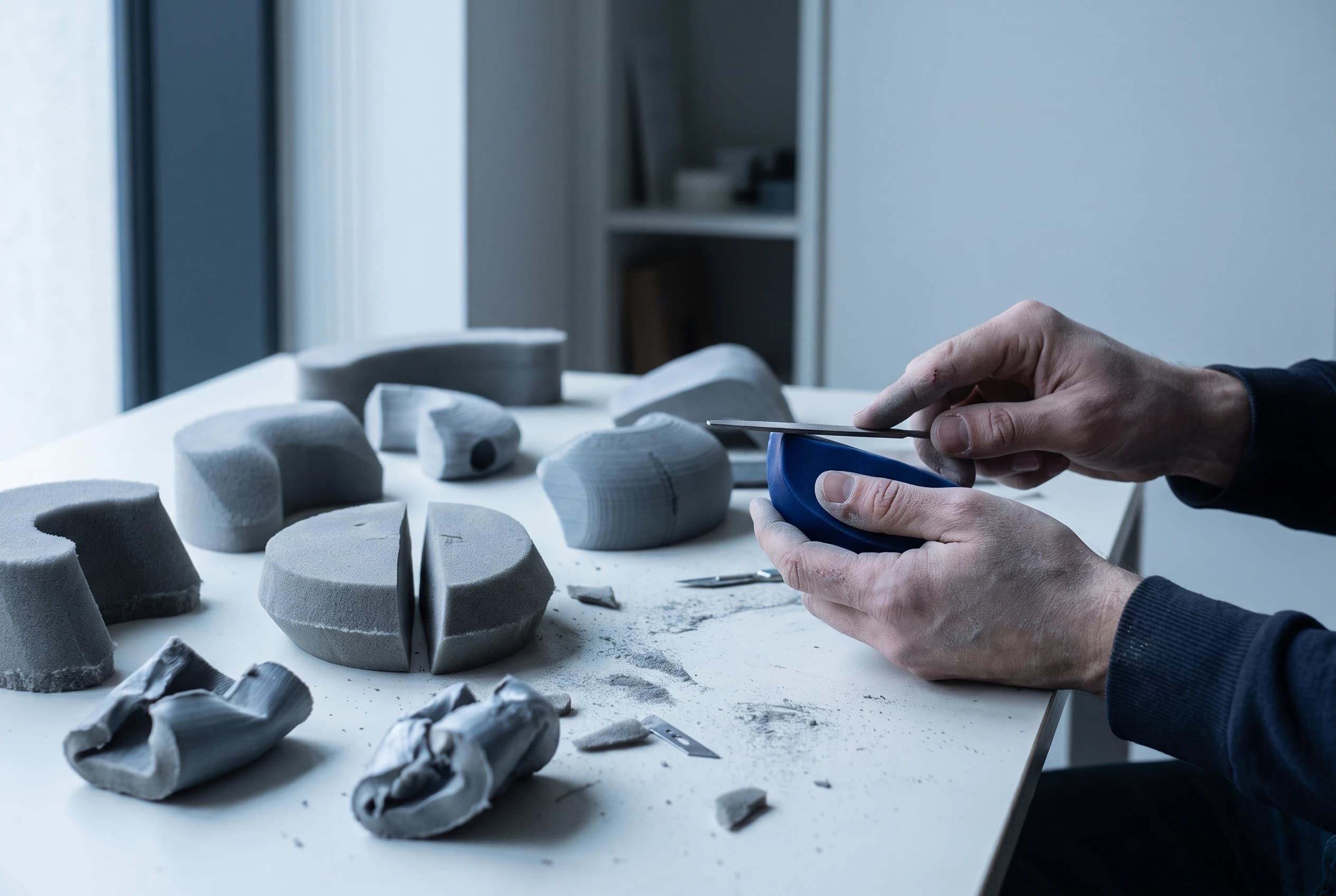 Hands carving a blue foam model among grey foam test shapes