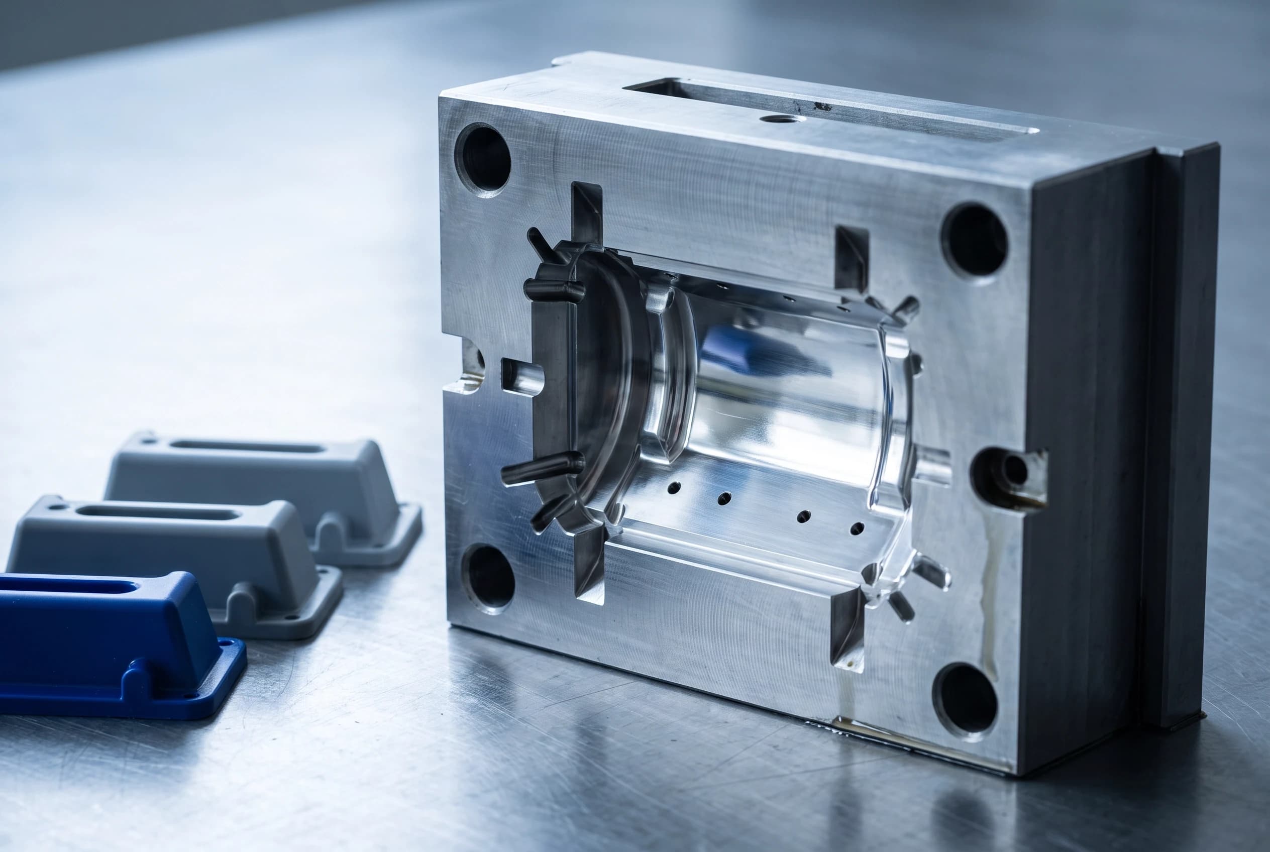 An opened steel injection mould beside grey and blue moulded parts