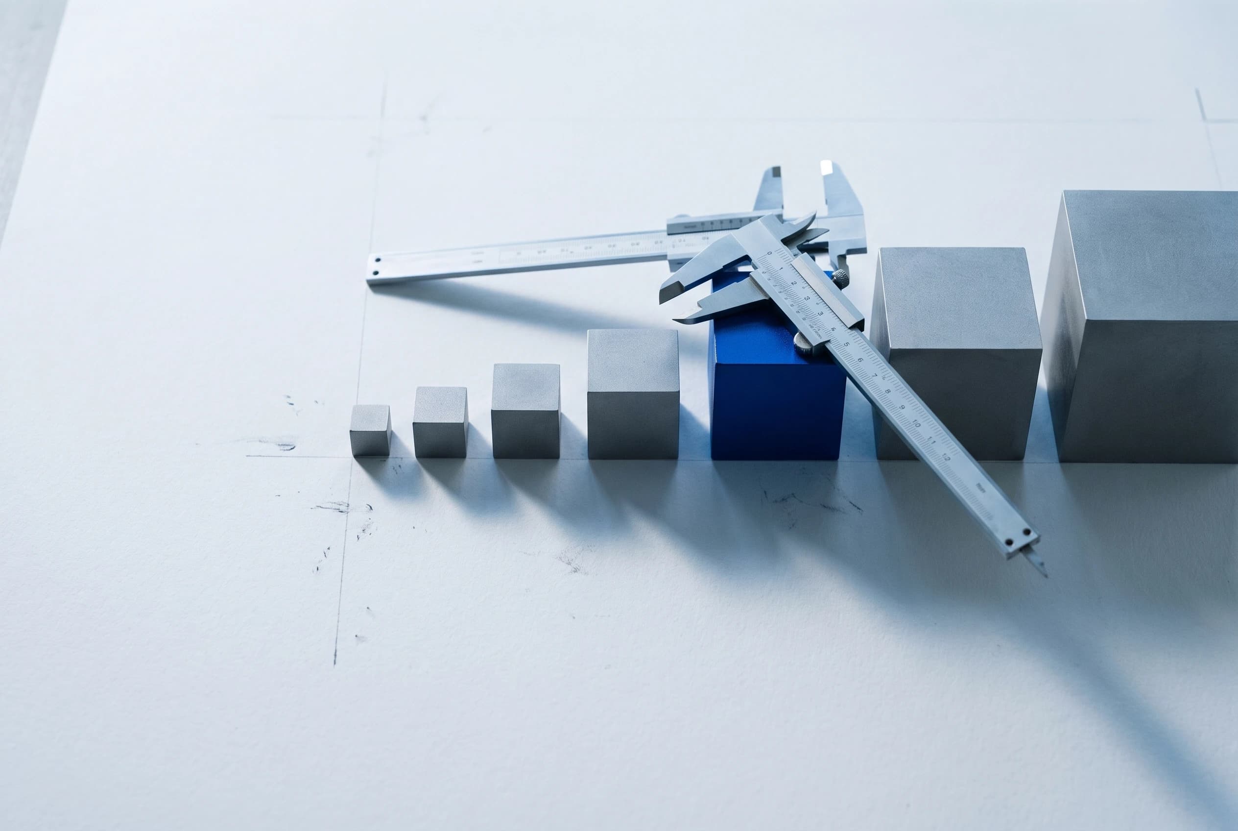 Grey blocks rising in size beside a steel caliper, one block in blue