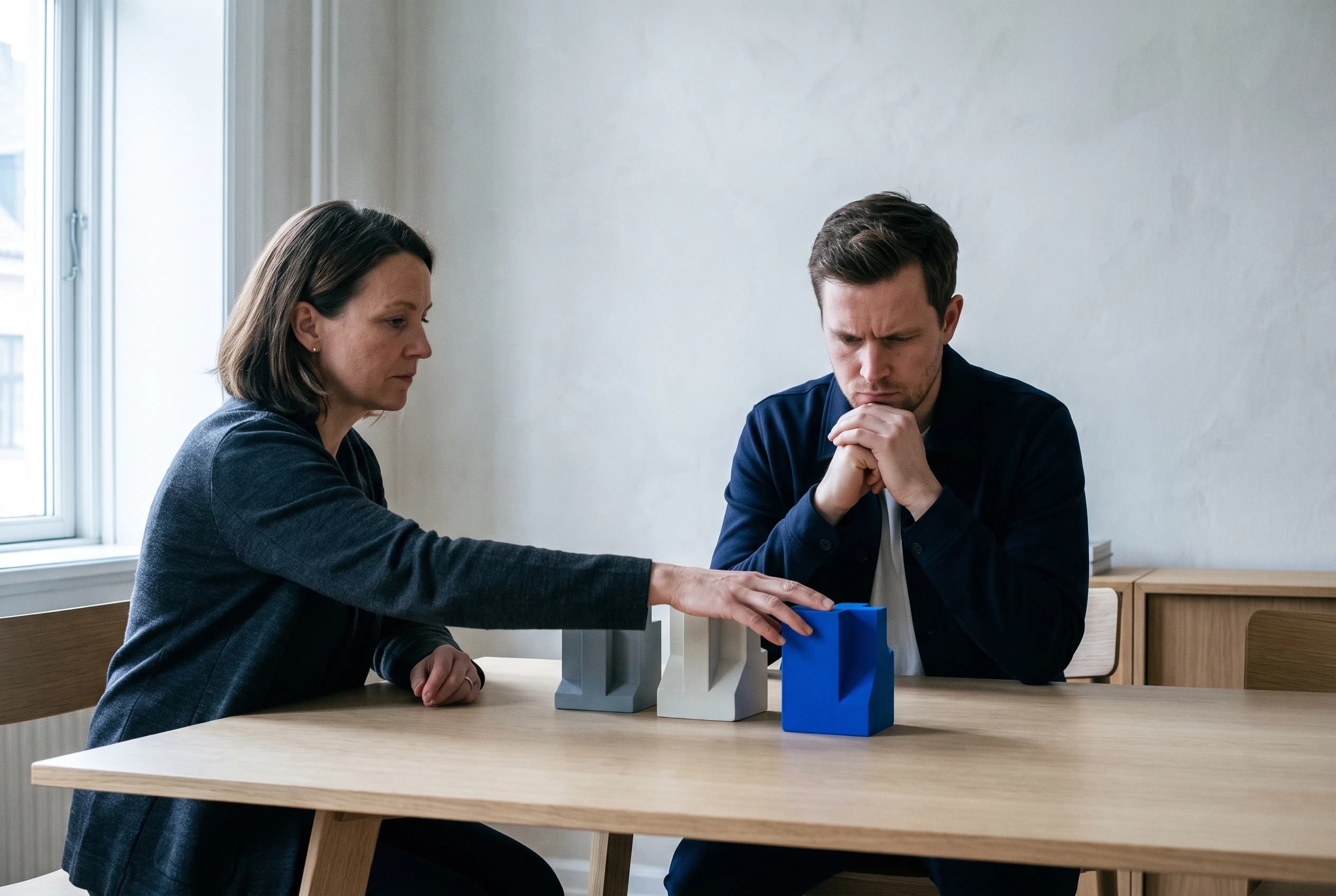 Two people at a table weighing three block models, one hand on the blue one