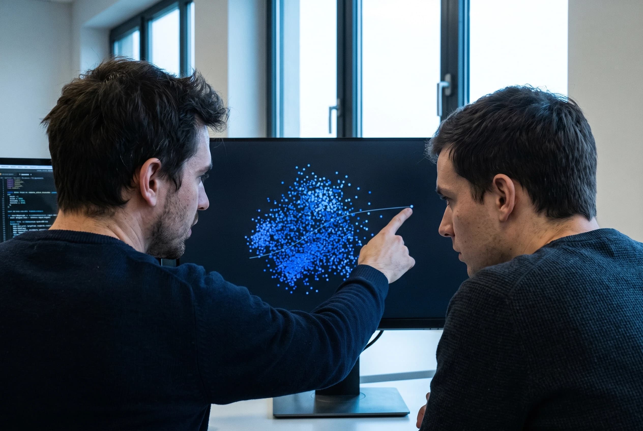 Two people at a monitor, one pointing at a blue data cluster