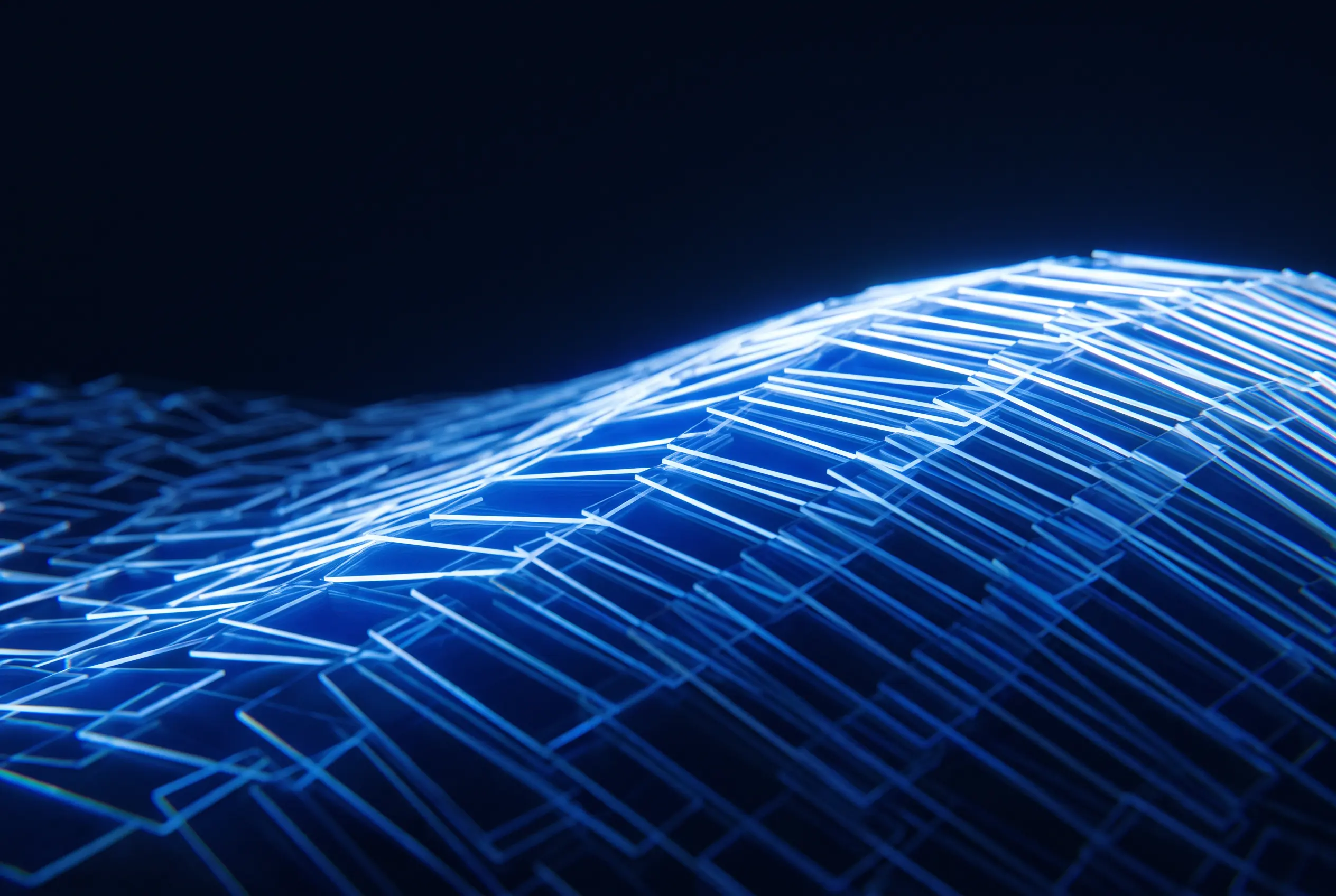 A curved mesh of glowing blue lines rising across a dark navy background