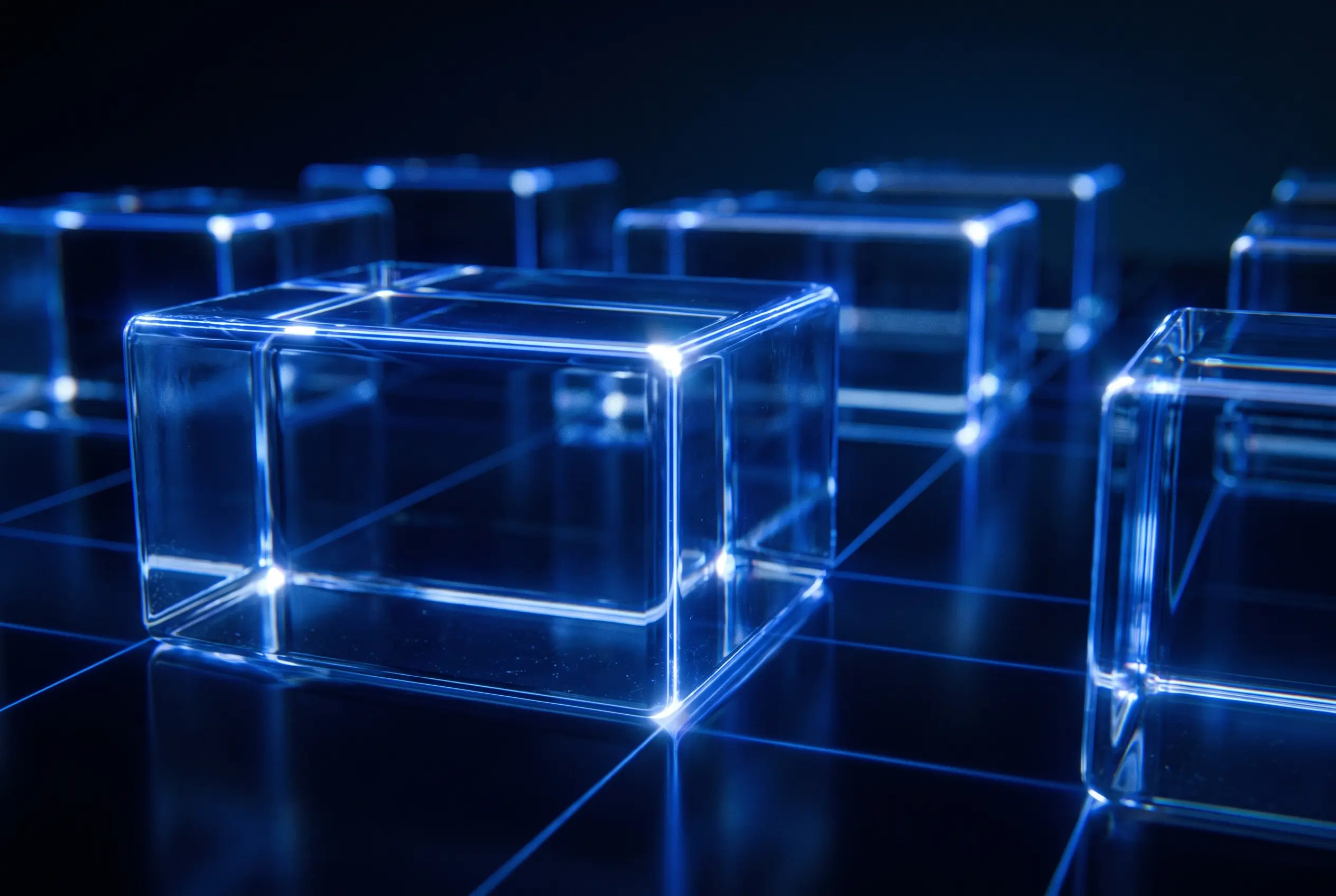 Rows of transparent glass blocks lit blue on a dark reflective grid