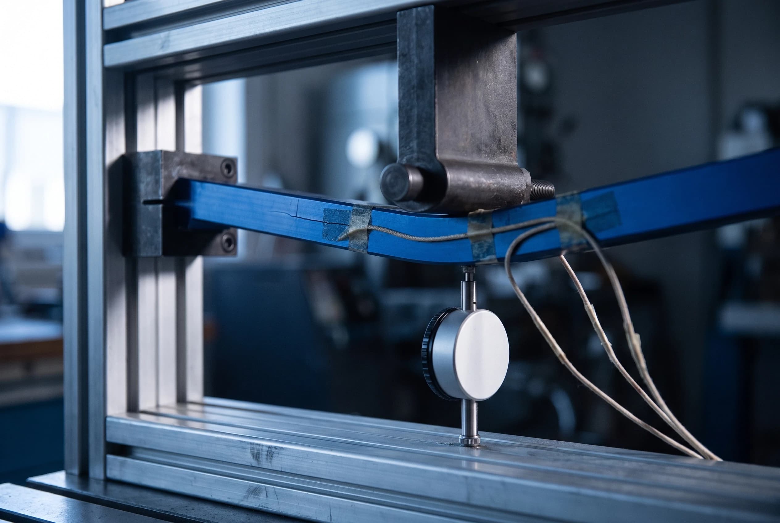 A blue beam under load in a test rig with a dial gauge and sensor wires