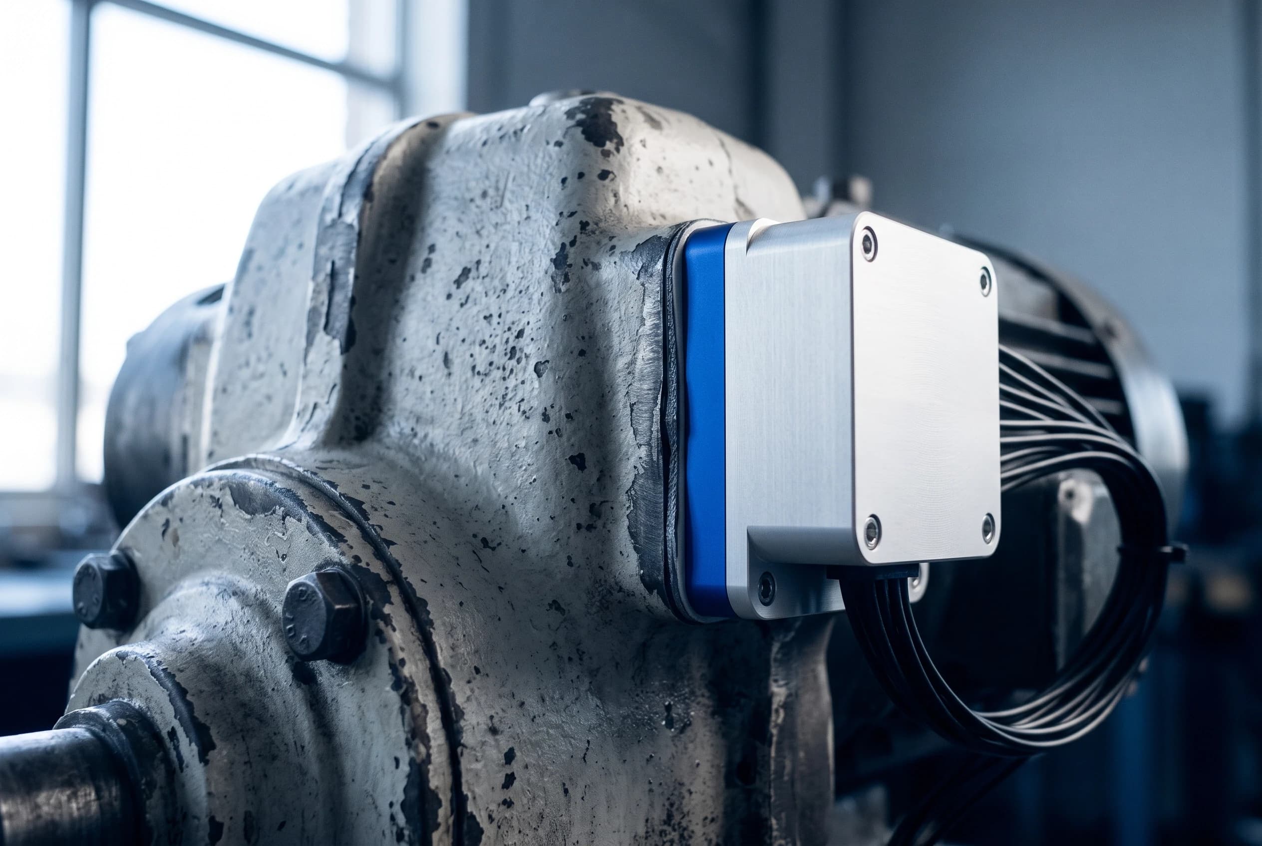 A sensor module with a blue band bolted to a worn industrial motor