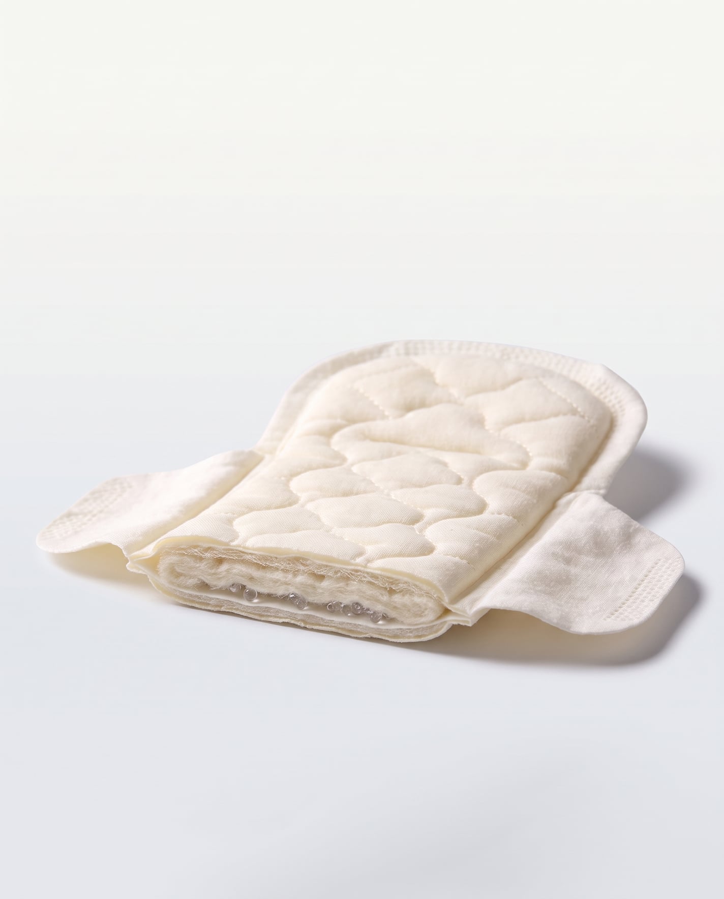Render of the pad on a pale ground, cut across one end to show the bamboo fluff core and its gel beads beneath the quilted topsheet