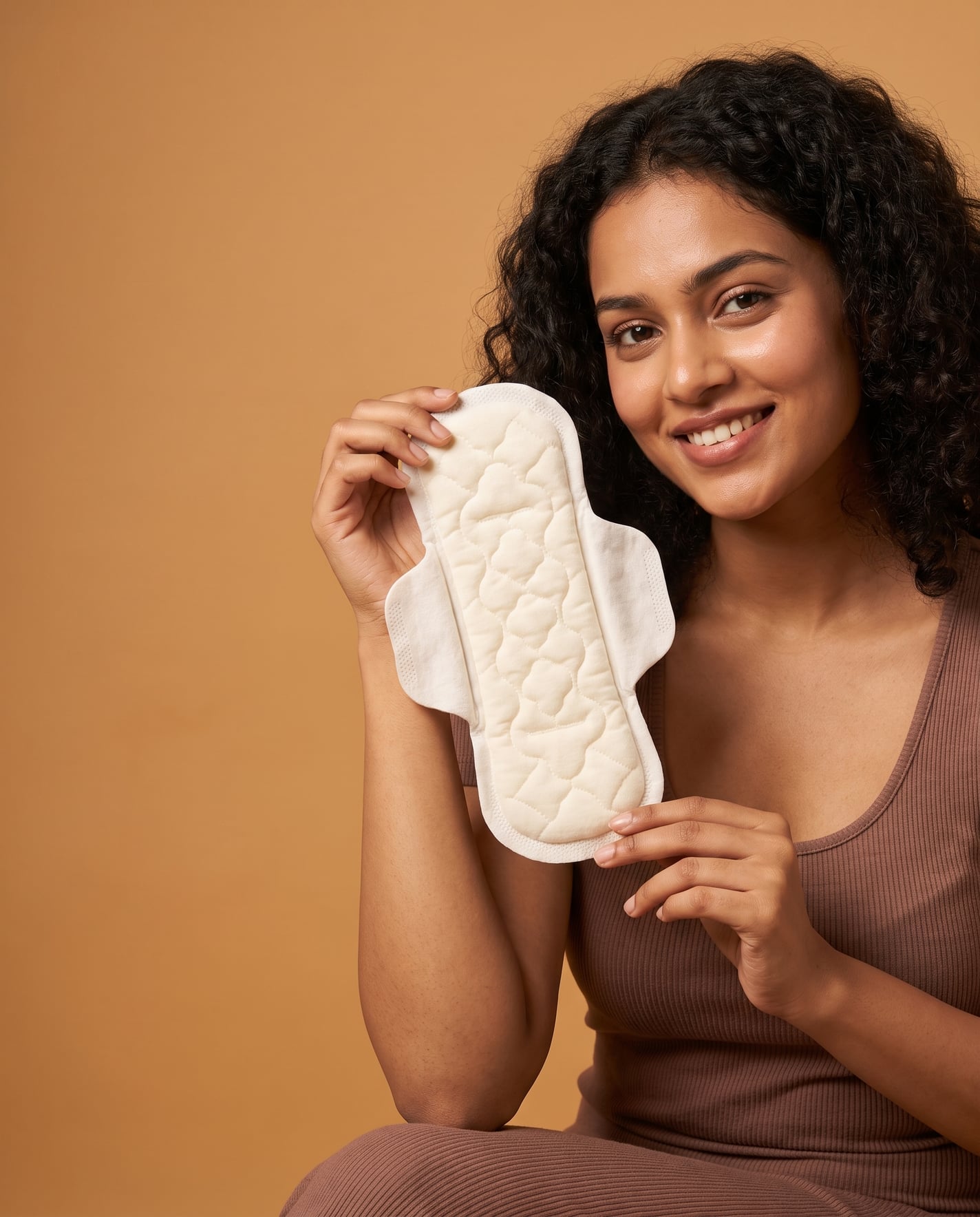 Render of a smiling woman against a warm tan ground, holding the pad upright in both hands