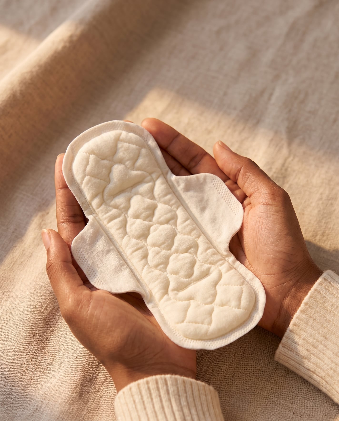 Render of the pad resting in two cupped hands over soft linen, lit by warm window light