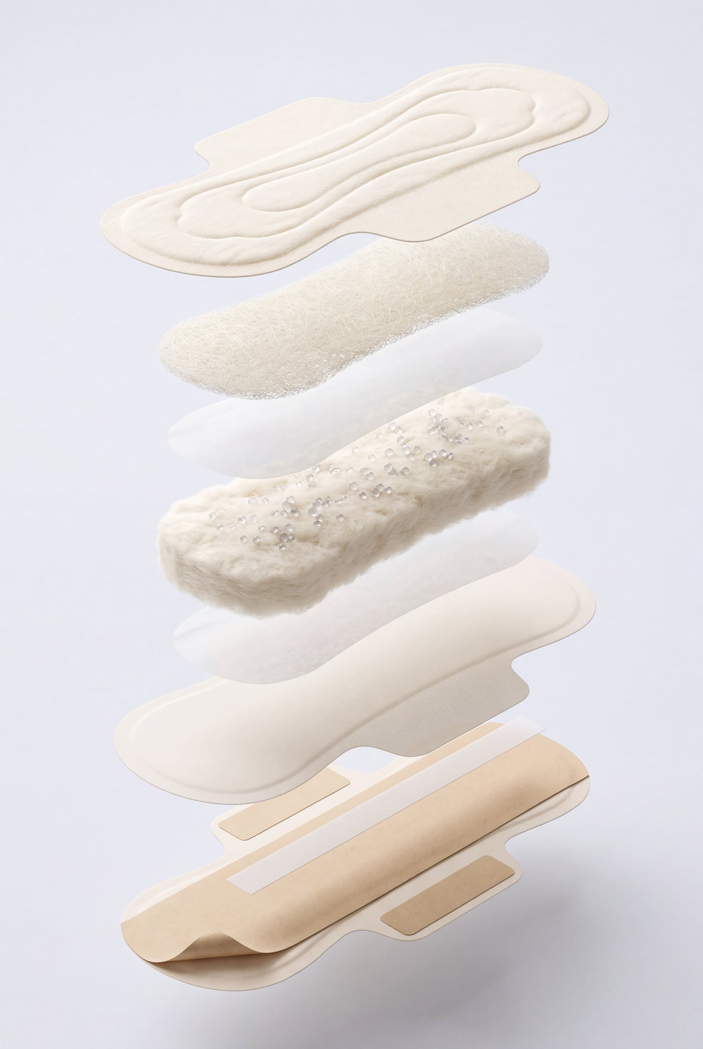 Render of the pad exploded into its layers, separated body side to garment side: the embossed topsheet, a fibrous acquisition layer, the bamboo fluff core carrying gel beads, the backsheet film, and the kraft wrapper with its release strips