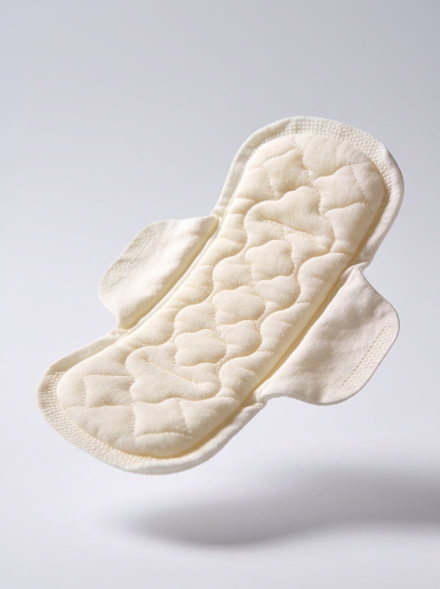Render of the pad against a pale grey ground, showing the full winged outline and the quilted core