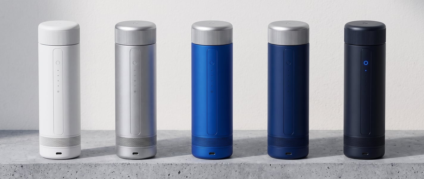Five CELSIUS ONE units in a row on grey concrete: white, silver, bright blue, navy and near-black