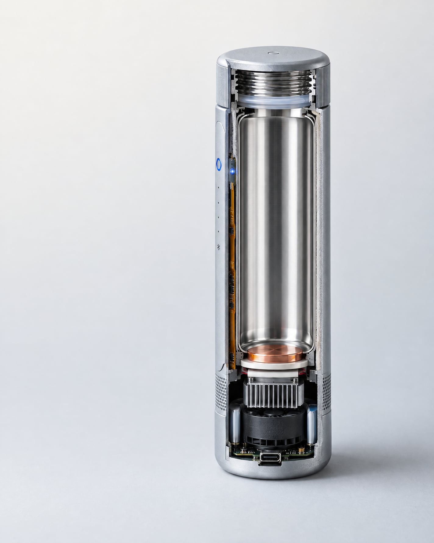 A silver CELSIUS ONE cut away down its length: the steel inner vessel, a copper plate beneath it, then a finned heat sink, a fan, battery cells and the circuit board with its USB-C port in the base