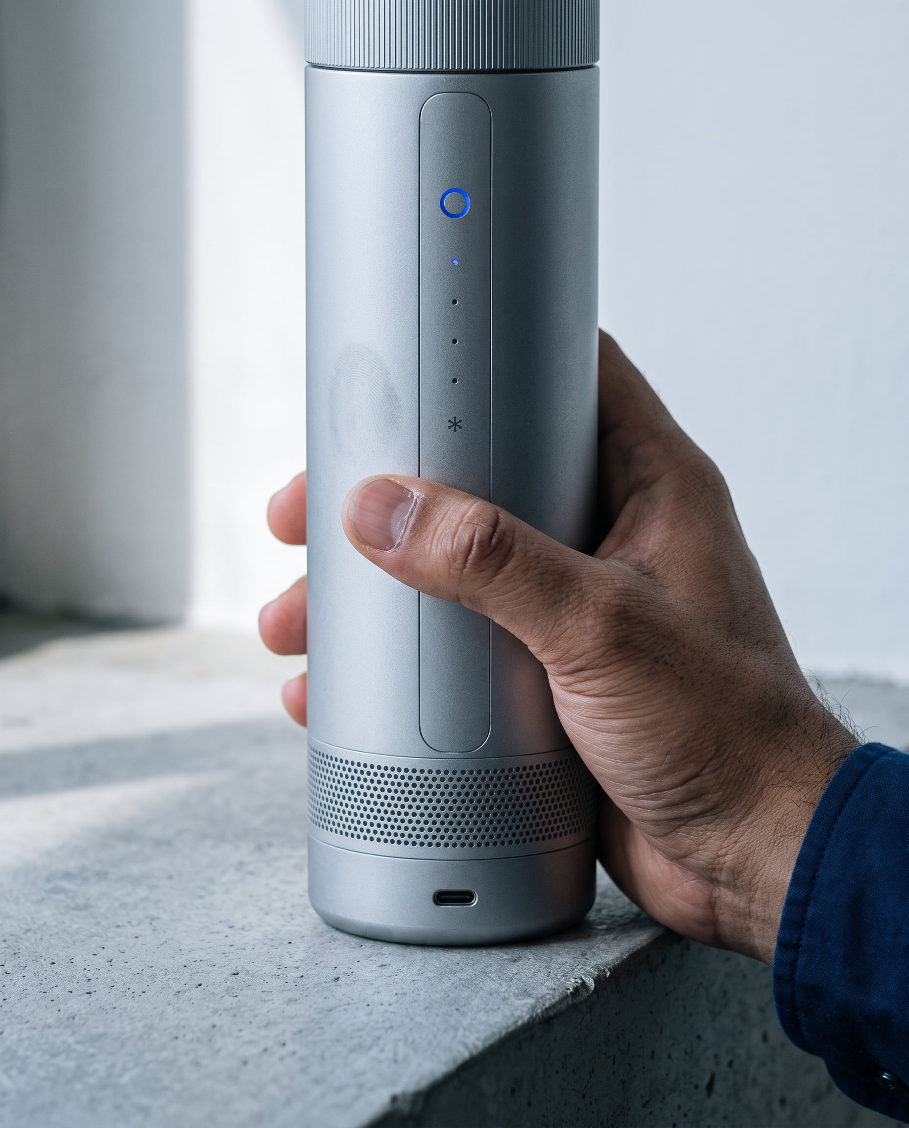 A hand holds a silver CELSIUS ONE upright on a concrete sill, fingers wrapped around the body and the thumb beside the lit control spine
