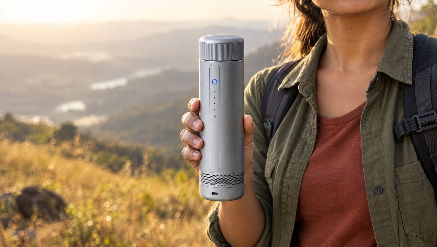 A hiker in an olive jacket holds a silver CELSIUS ONE on a grassy hillside above a hazy valley in low evening sun