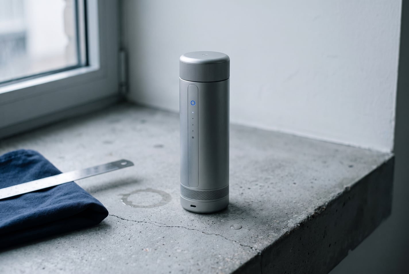 A silver CELSIUS ONE on a concrete windowsill beside a folded navy cloth and a steel ruler