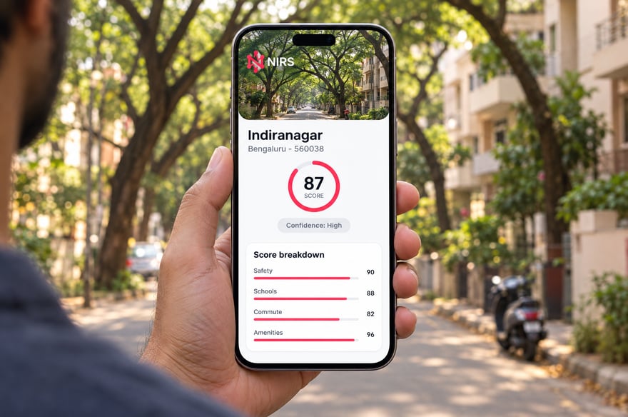 A hand holding a phone on a tree-lined Bengaluru street, the screen showing the NIRS score for Indiranagar at 87 with a confidence label beneath it
