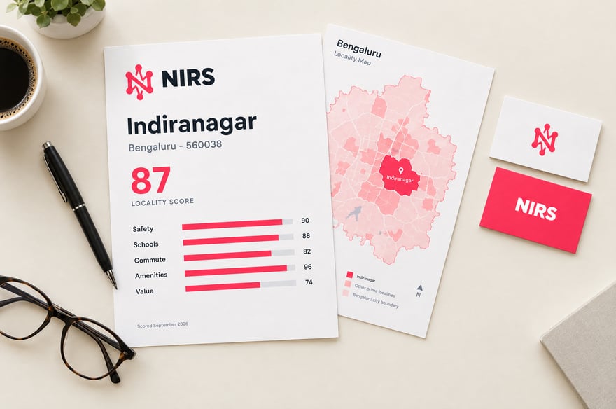 A printed NIRS locality report and a Bengaluru locality map laid on a desk beside glasses, a pen and a cup of coffee