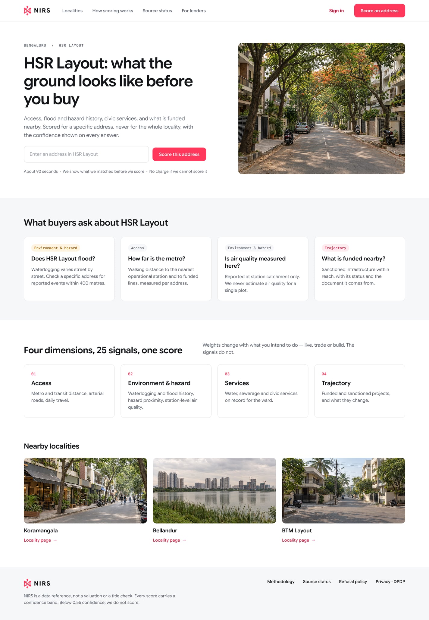 The NIRS locality page for HSR Layout on desktop: the headline 'HSR Layout: what the ground looks like before you buy' beside a street photograph, then the questions buyers ask, the four dimensions and nearby localities