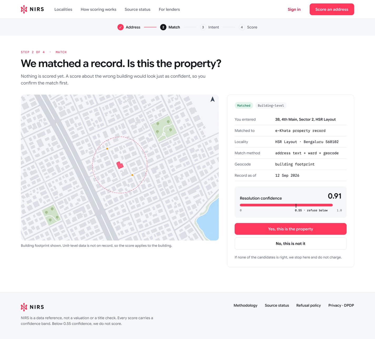 The NIRS match step on desktop: 'We matched a record. Is this the property?' A parcel map beside the matched record at 0.91 resolution confidence, with a button to confirm it