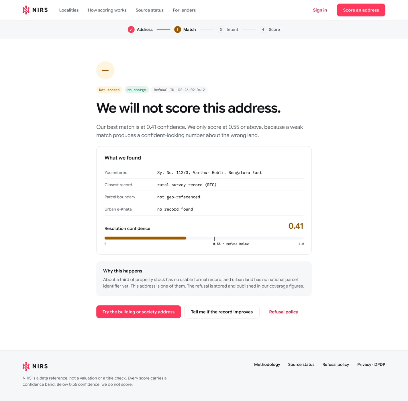 The NIRS refusal screen on desktop: 'We will not score this address.' The best record match reached 0.41 confidence against the 0.55 threshold, followed by what was found and why it happens