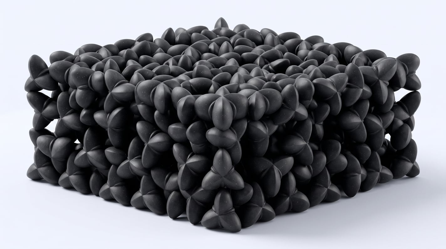 Render of a rectangular slab of packed black Oberon modules seen from a three-quarter angle on white