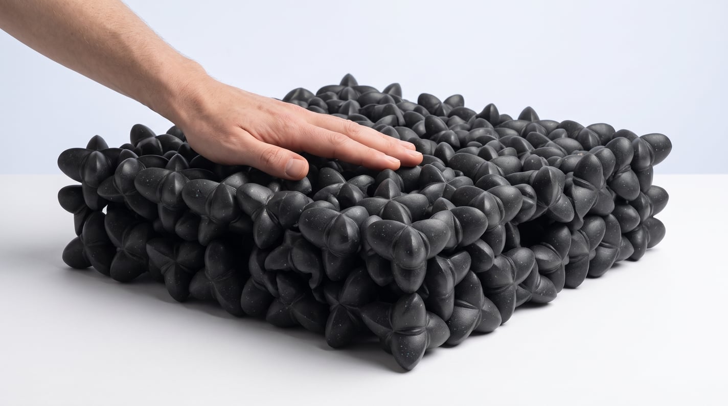 Render of a hand pressing on a thick slab of bonded Oberon modules on a white table