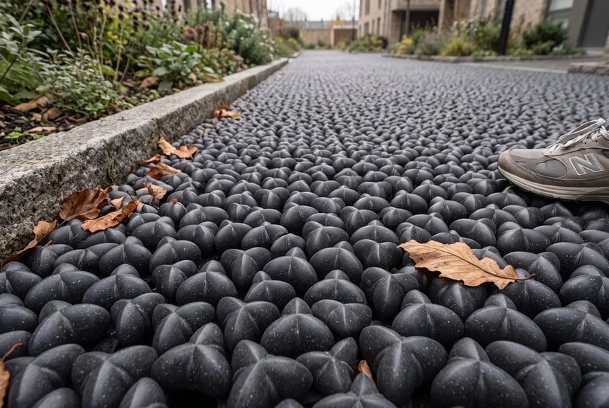 Render of a residential path surfaced with laid black Oberon modules beside a granite kerb and planting, fallen leaves on the surface