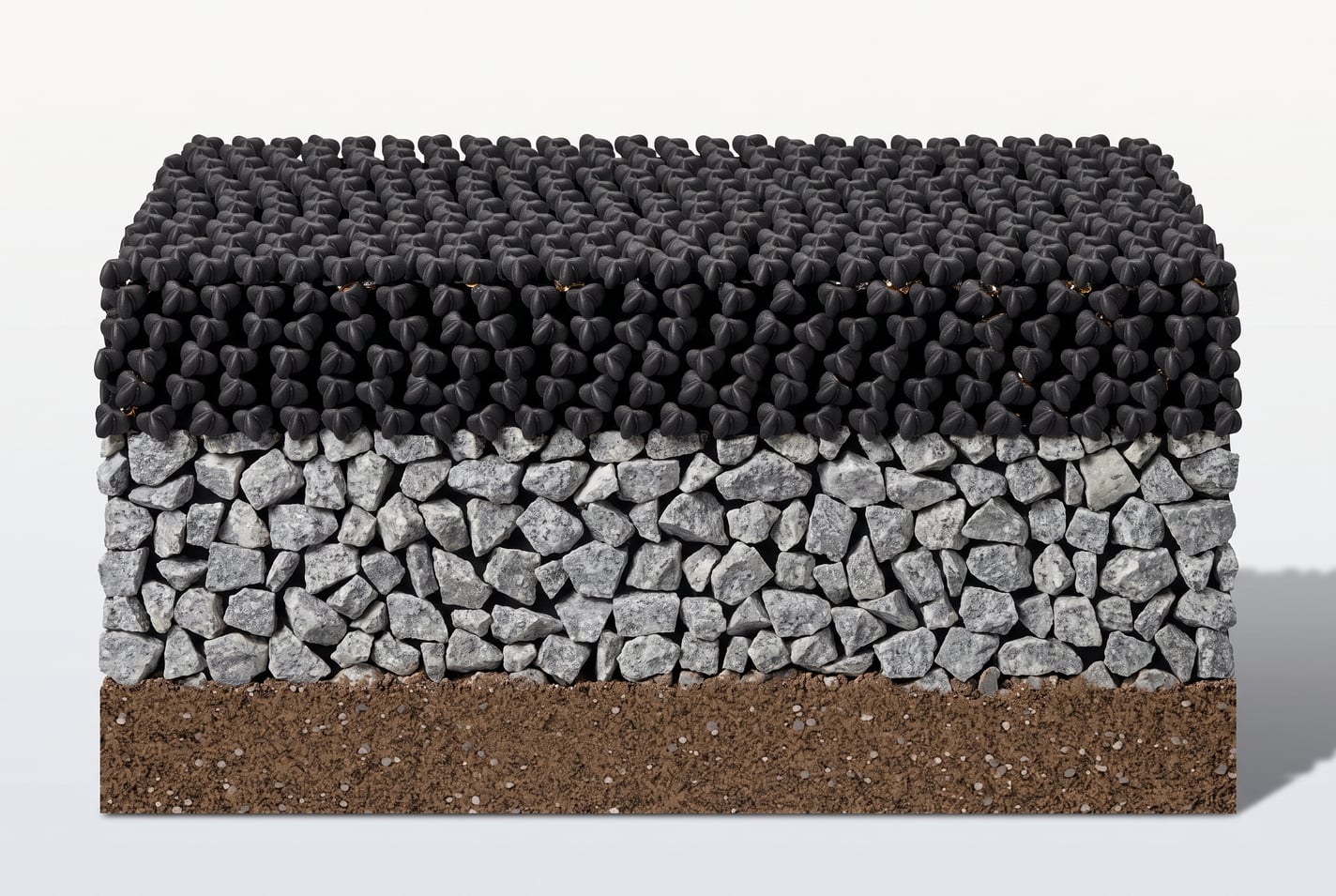 Render of a cut block of the pavement build-up on white: black Oberon modules over a layer of crushed stone and a soil base