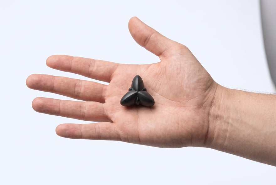 Render of an open palm holding one black three-lobed Oberon module against a white backdrop, showing its size in the hand