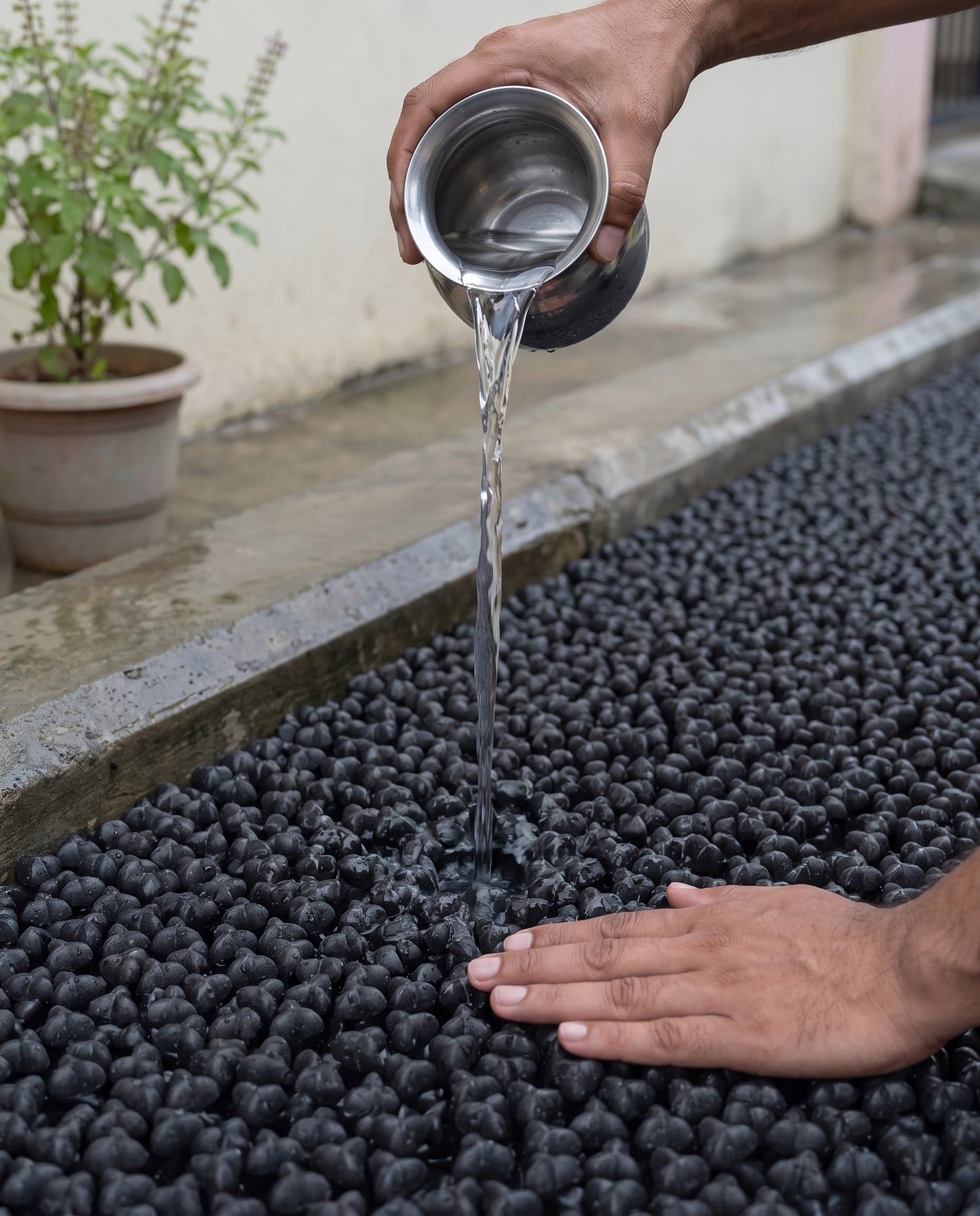 Render of water poured from a steel tumbler onto an Oberon-surfaced lane beside a kerb, a hand laid flat on the modules where it lands