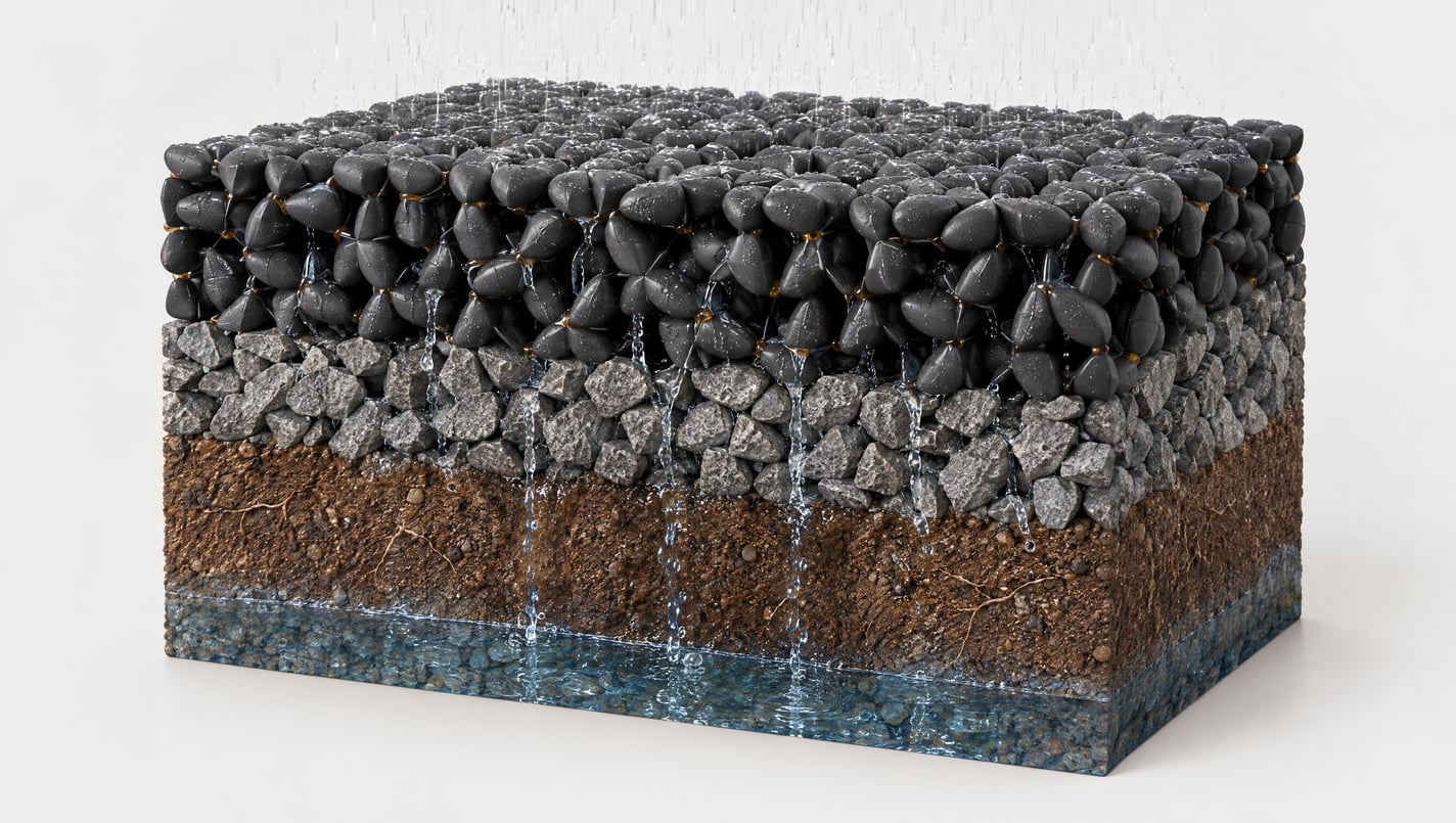 Render of a cut block of the pavement build-up in rain: the black Oberon module layer over crushed stone and soil, with water running down through the layers to a wet base