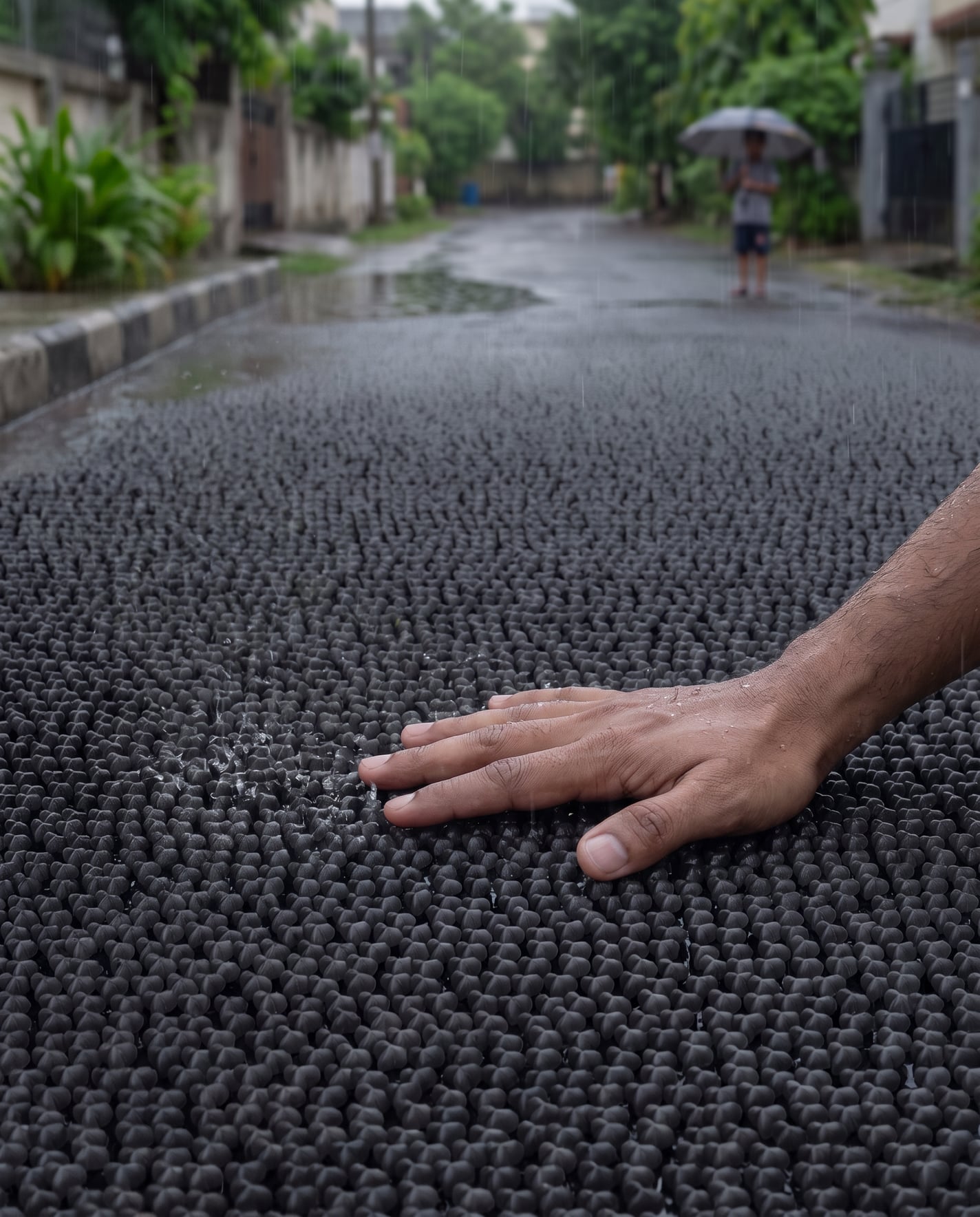 Render of a hand pressed flat on a rain-wet residential street surfaced with black Oberon modules