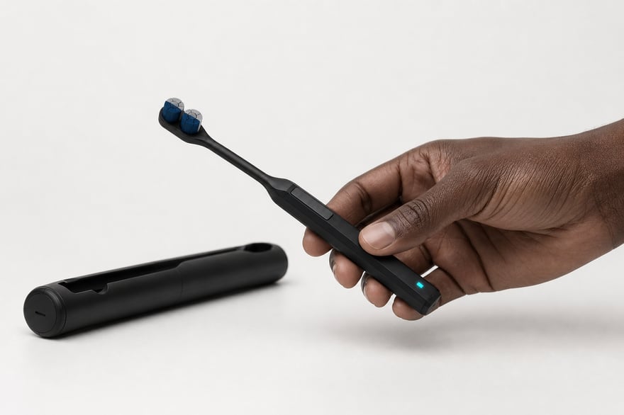 Render of a hand holding the slim Oracell brush, the LED at its base lit cyan, with the open case lying behind it