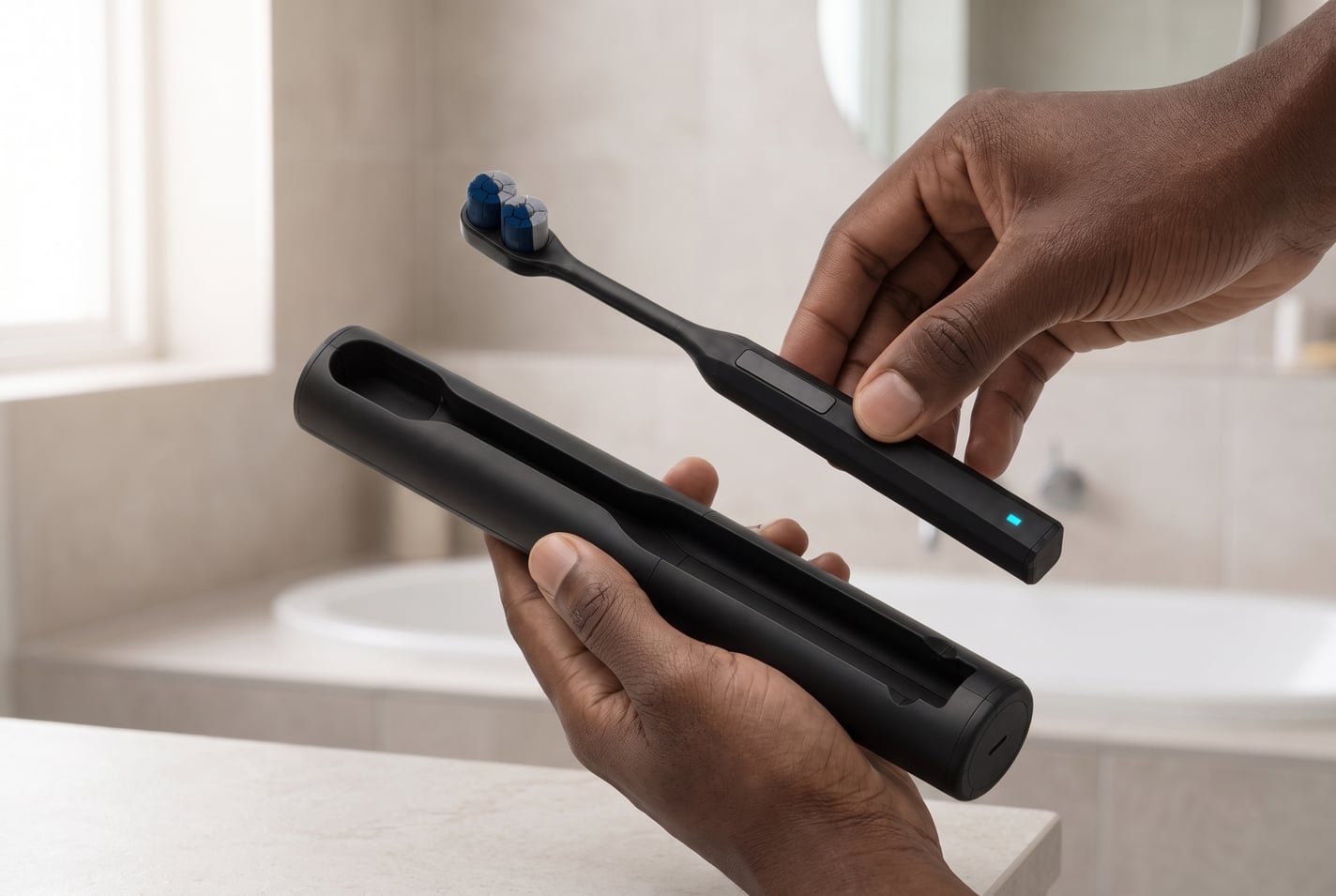 Render of one hand holding the open black case over a bathroom basin while the other lowers the brush towards it, a small blue light lit on the handle