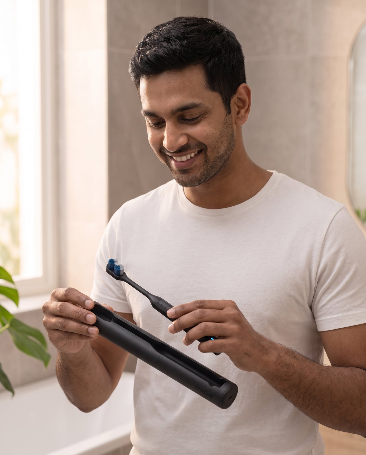 Render of a smiling man in a white T-shirt by a bathroom window, holding the open black case in one hand and the brush in the other