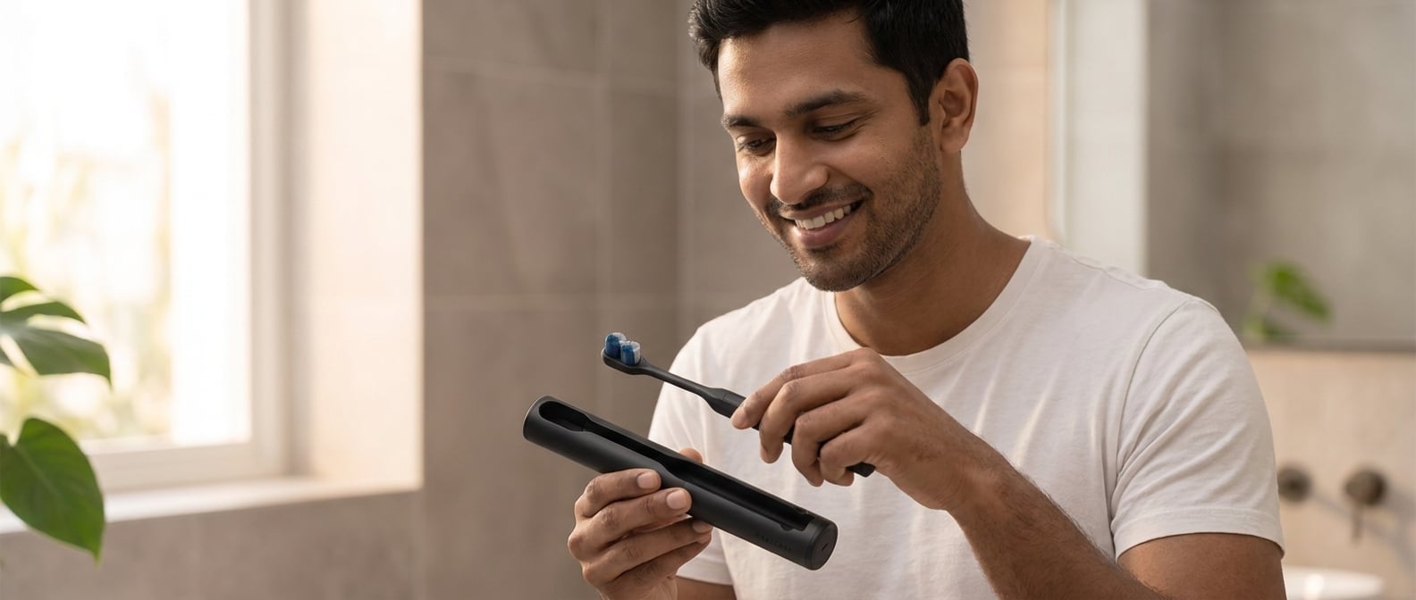 Render of a smiling man in a white T-shirt in a sunlit bathroom, fitting the slim black Oracell brush into its open black case