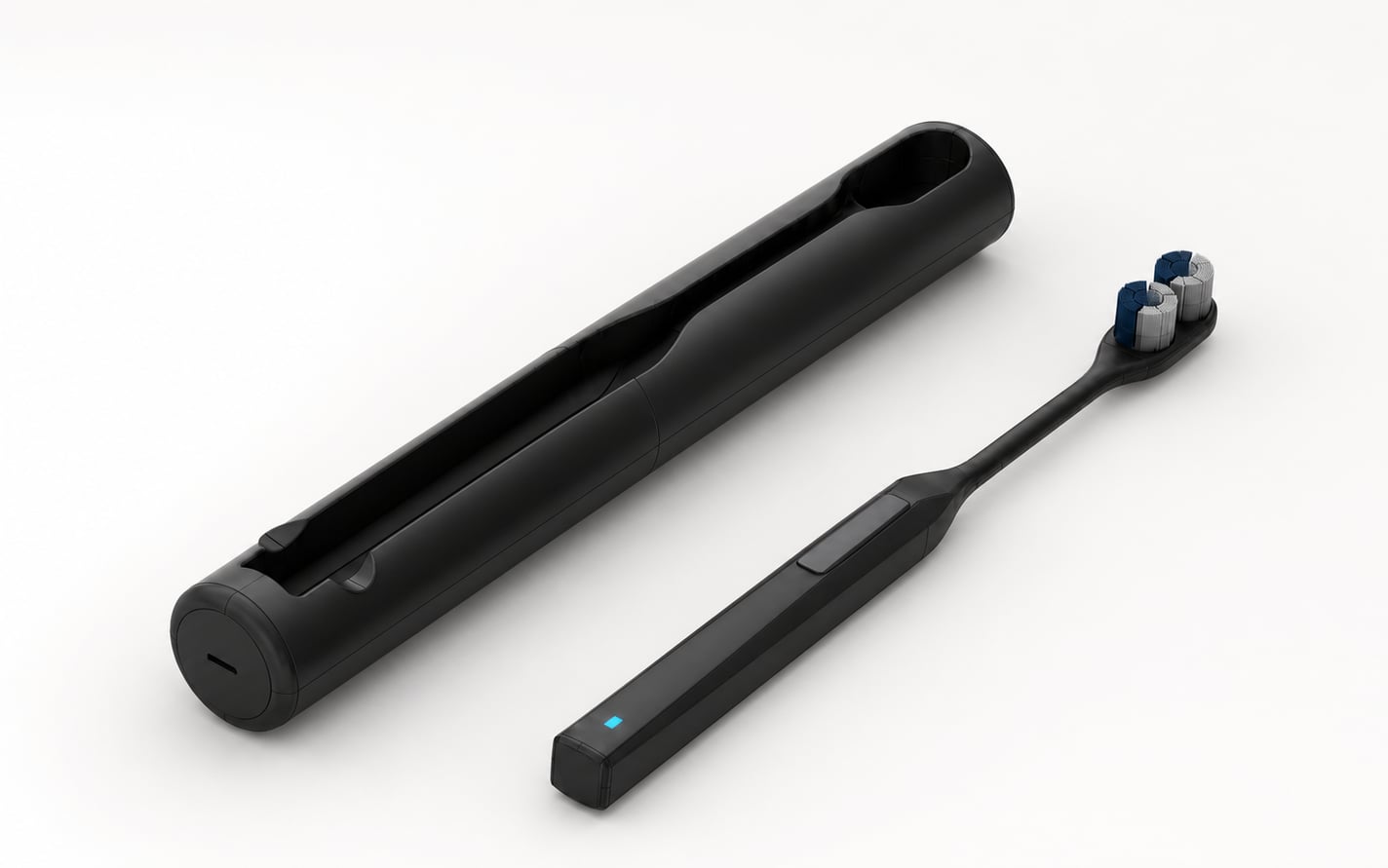 Render of the open case and the brush seen from above at an angle, the bristle drums to the right