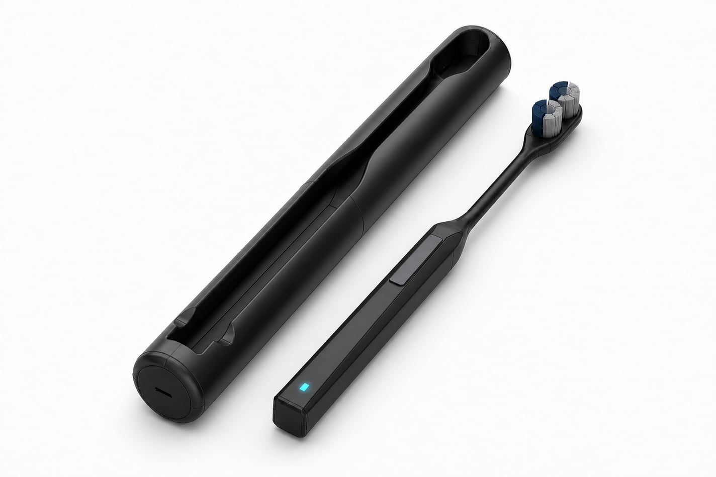 Render of the open case and the brush lying at an angle, the channel in the case matching the brush silhouette
