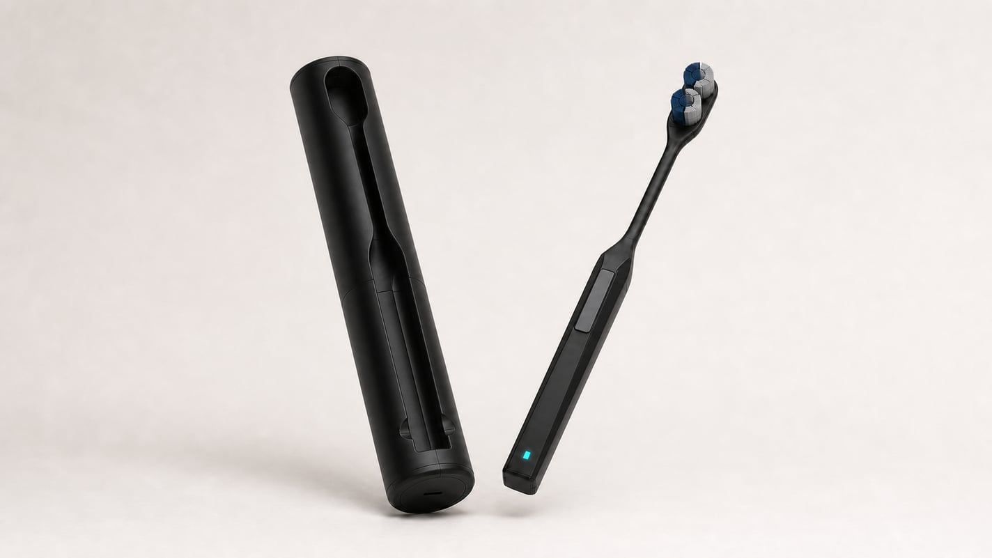 Render of the open case and the brush standing upright side by side against a pale backdrop