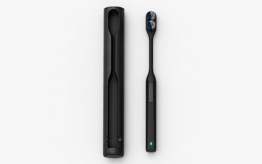 Render of the case and the brush square-on from above, side by side, showing the full length of both bodies