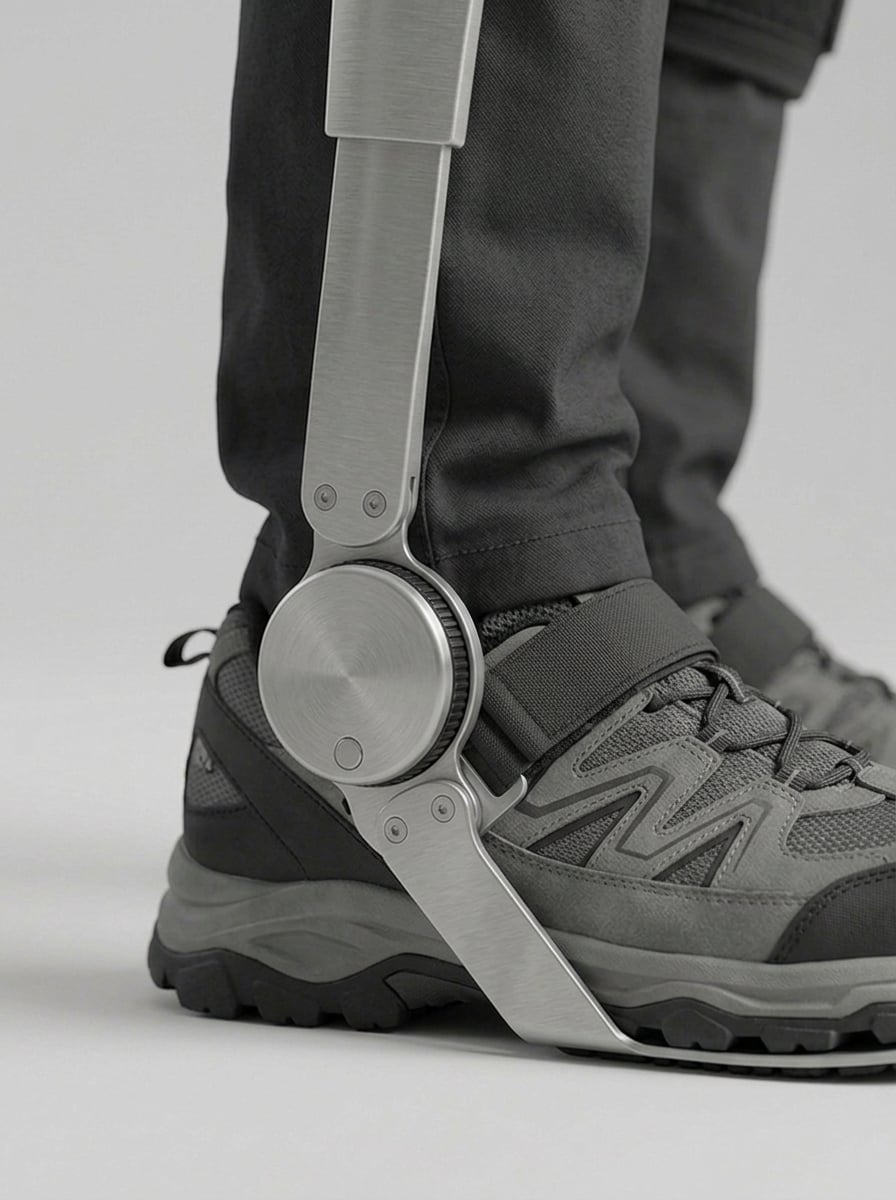 The ankle: a brushed-metal disc joint links the shin bar to a flat footplate under a grey trail shoe, held by a strap over the instep