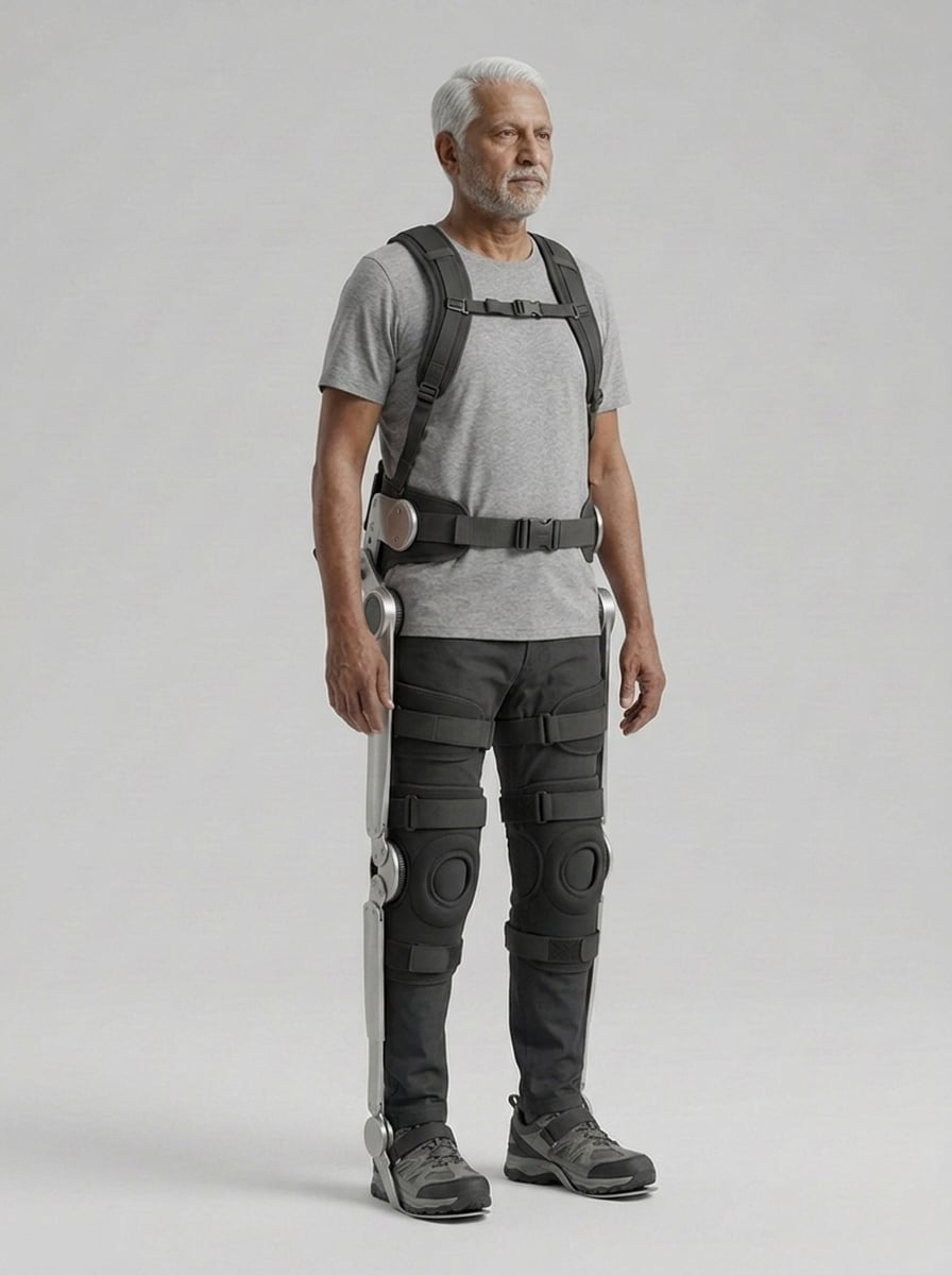 An older man in Orvyn from the front three-quarter: shoulder harness with a sternum strap, a buckled hip belt, and struts down both legs with padded knee supports
