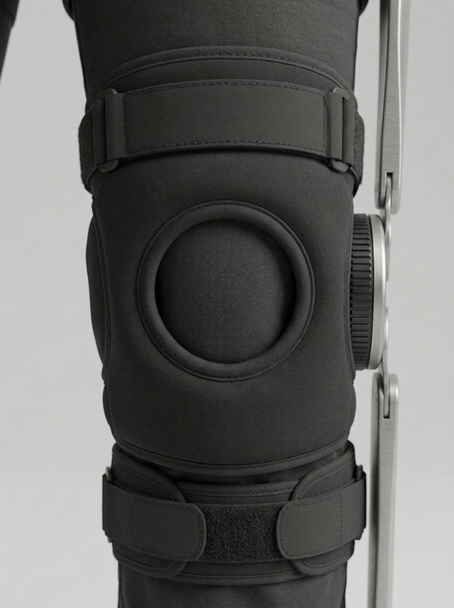 The open-patella knee support from the front: a padded black sleeve with a circular cut-out and two hook-and-loop straps, the disc hub at its edge