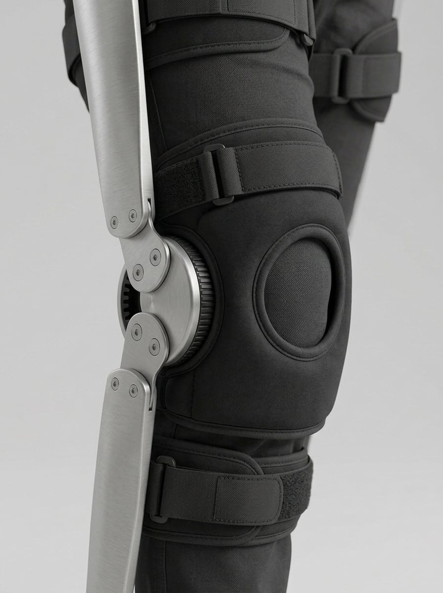 The knee from the side: a brushed-metal disc hub with a toothed brake ring joins the thigh and shin bars beside a padded knee sleeve with an open patella